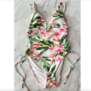 Lauren Ralph Lauren New White Floral Side Tie Plunge One Piece Swimsuit Swim 14